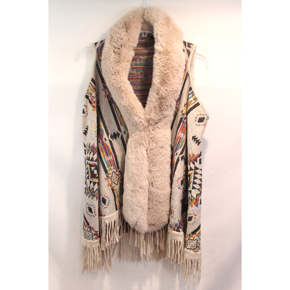 On Blue Sweater Vest Faux and Fringe Trim Accent Womens size S/M Beige Aztec - Picture 2 of 8